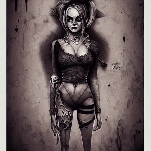 Image similar to surrealism grunge cartoon portrait sketch of Harley Quinn, by michael karcz, loony toons style, freddy krueger style, horror theme, detailed, elegant, intricate