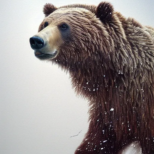 Image similar to grizzly bear in a snow storm, impressionism, artstation