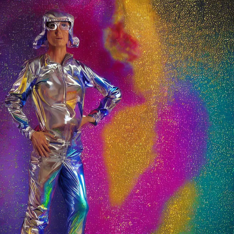 Image similar to octane render portrait by wayne barlow and carlo crivelli and glenn fabry, a woman wearing a clear plastic suit full of colorful thick fluid full of glitter, standing in front of a giant sheet of tie - dye aluminum foil, cinema 4 d, ray traced lighting, very short depth of field, bokeh