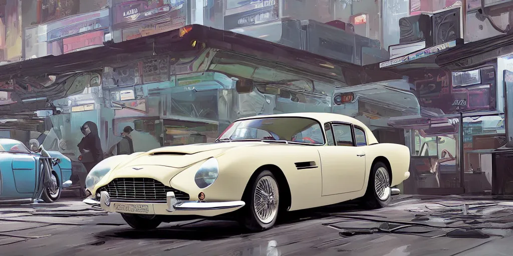 Image similar to art style by Ben Aronson and Edward Hopper and Syd Mead, wide shot view of the Cyberpunk 2077, on ground level. full view of the Aston Martin DB4 1958 with wide body kit modification and white pearl holographic paint.