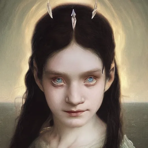 Image similar to portrait of a young vampire princess, head only, realistic eyes, realistic face, headshot, white hair, pale skin, 4k, rule of thirds, extreme detail, intricate illustration, trending artstation, cgsociety, hd, fantasy, realistic lighting, by Albert Bierstadt, Frederic Edwin Church.