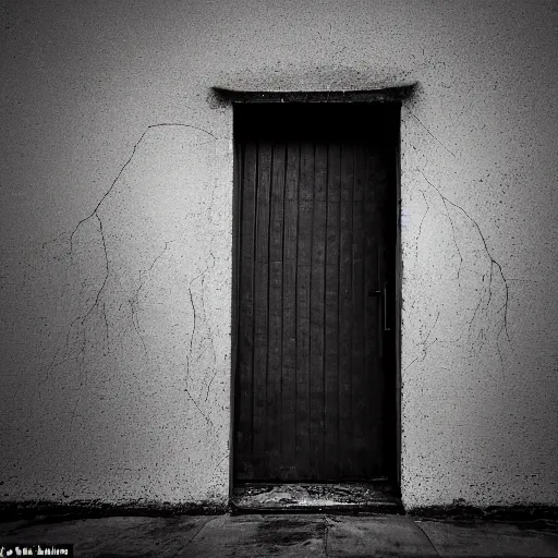 Image similar to An ominous photograph of the slightly opened door standing ajar, darkness behind it, dim lighting, nightmare, taken with Sony a7R camera