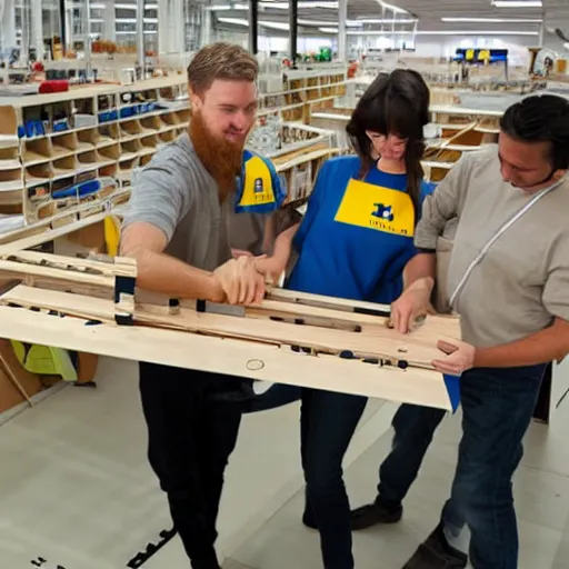 Image similar to ikea employees building a wooden kit plane, photo realistic