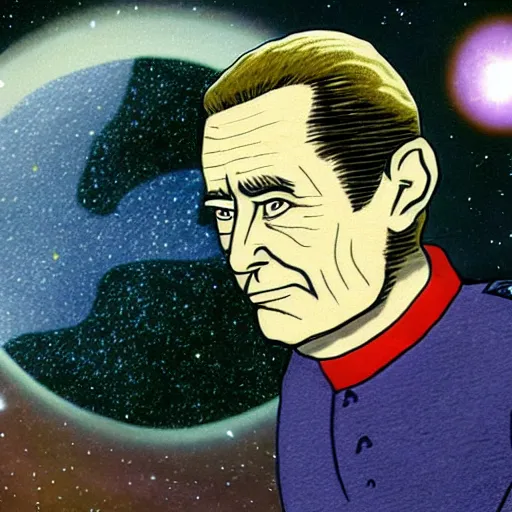 Image similar to constable odo on deep space nine staring out into the darkness of space at the many stars, with planet bajor and the bajoran wormhole in the distance