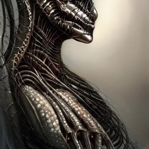 Image similar to https://s.mj.run/5e6bgH0udks, elegant, intricate, digital painting, airbrush painting, artstation, sharp focus, illustration, by HR Giger,