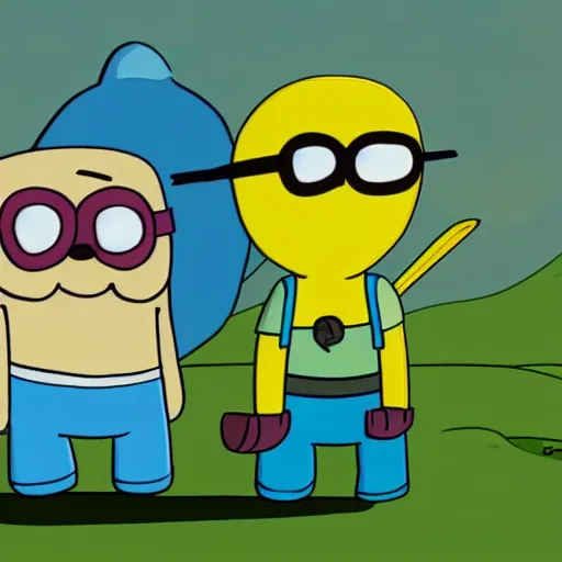 Image similar to finn and jake from adventure time, still frame cartoon