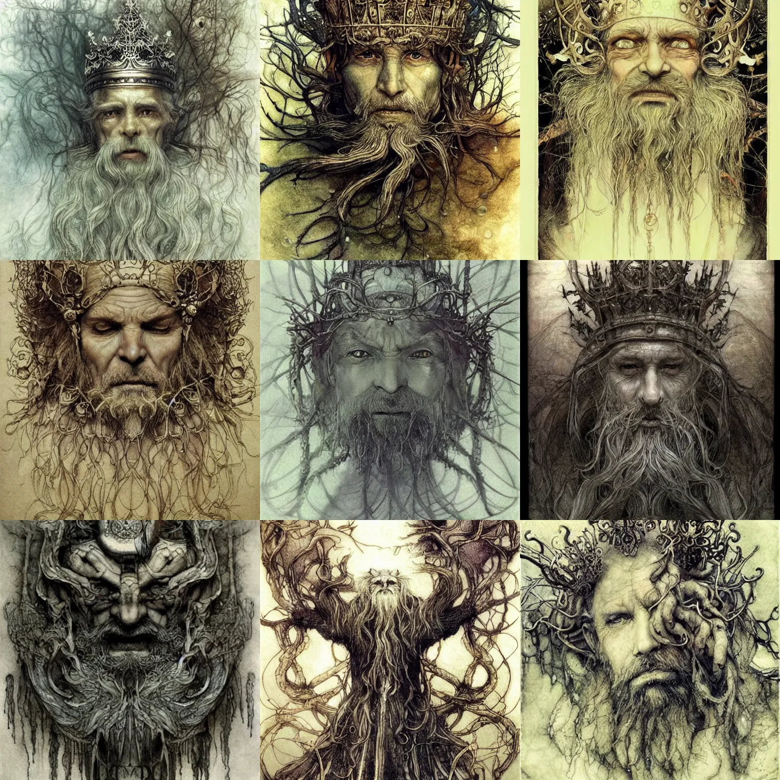 Prompt: ancienct, wise, [ forgetful ], quirky, old, blind king of faes ( with long, white beard, and strange crown ), fantasy, whimsical, broad light, light caustics effect, botanical artwork, illustration by alan lee, ruan jia and arthur rackham, trending on pinterest. com