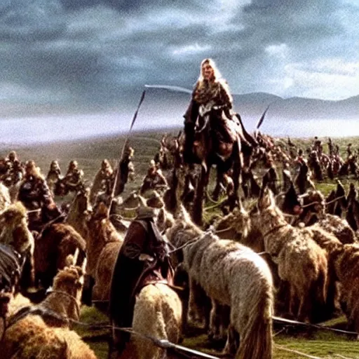 Prompt: still from lord of the rings showing the ride of the rohirrim, riding toward minas tirith on alpacas