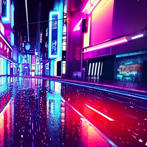 Image similar to still photo of rain puddles and neon light reflections in a cyberpunk city, highly detailed, photorealistic shot, bright studio setting, studio lighting, crisp quality and light reflections, unreal engine 5 quality render