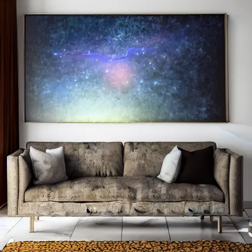 Image similar to sofa couch surrounded by forest landscape with outer space sky photo realism ultra detailed digital art, irina french, heraldo ortega, mandy jurgens, golden ratio, art canvas, award winning, masterpiece trending on artstation 8 k 1 5 0 mpx