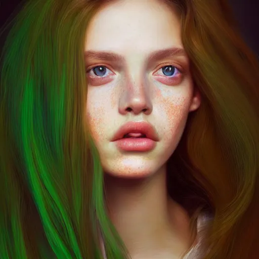 Image similar to beautiful hyperrealism hyperdetailed selfie of a cute young woman, long light bronze brown hair, flushed face, red blush, light freckles, puffy lips, soft features, emerald green eyes, 8 k, sharp focus, art by irakli nadar