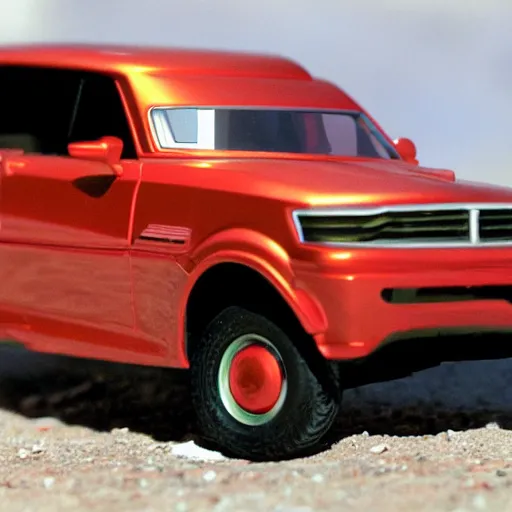 Image similar to 3 5 mm photo of metallic red aztek car like hot wheels model in area 5 1 as background