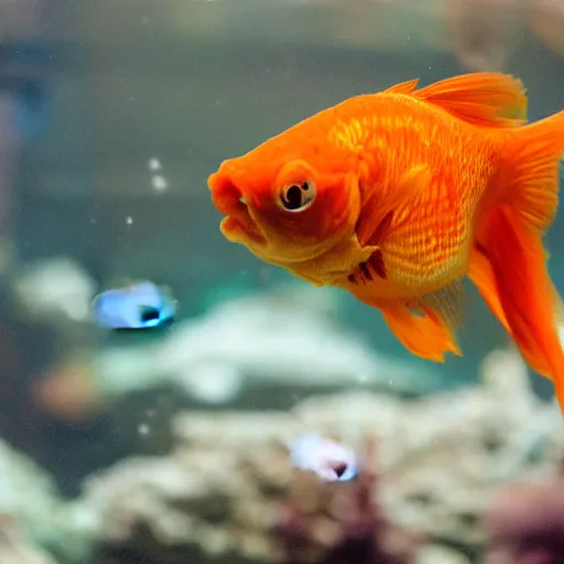 Prompt: angry goldfish with a gun in the aquarium, mad at the world, photography