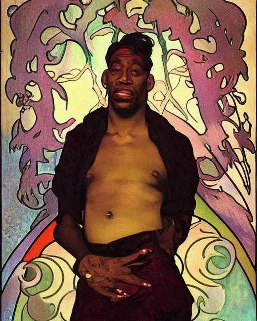 Prompt: a portrait painting of ( ( ( dennis rodman ) ) ) in the style of alphonse mucha!!!