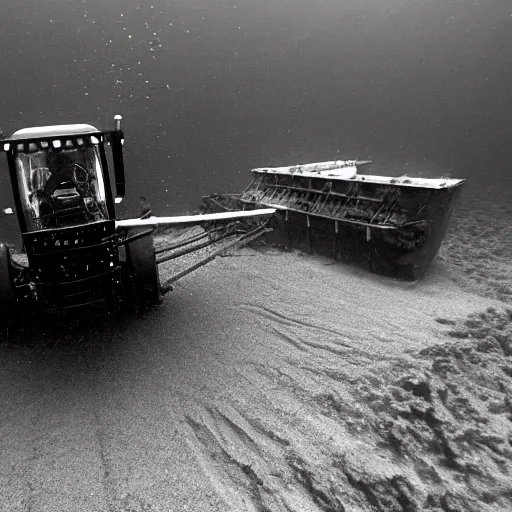 Image similar to an tractor underwater towing a plough through the seabed