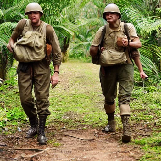 Prompt: world war 2 soldiers walking in the jungle, detailed, clean, realistic