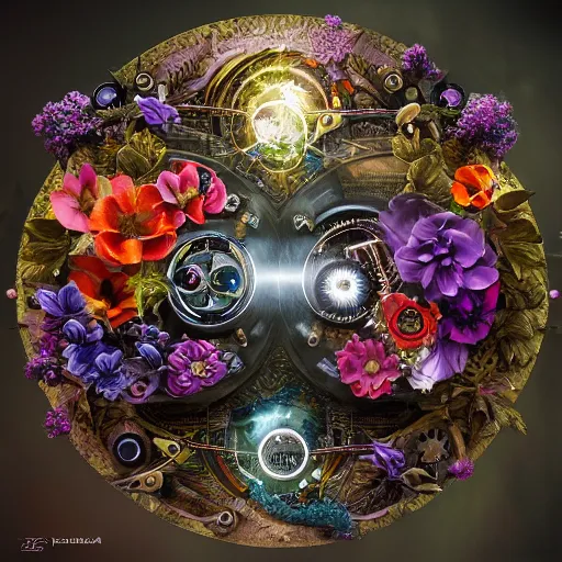 Image similar to a beautiful intricate fine art portrait photo of a mechanical industrial steampunk cybernetic yin yang symbol, overgrown with colorful flowers and leaves by tom bagshaw and sean archer, golden ratio composition, studio lighting, 50mm lens, very detailed, bionic, cybernetic scifi, deep depth of field, artstation, 8K, highly coherent