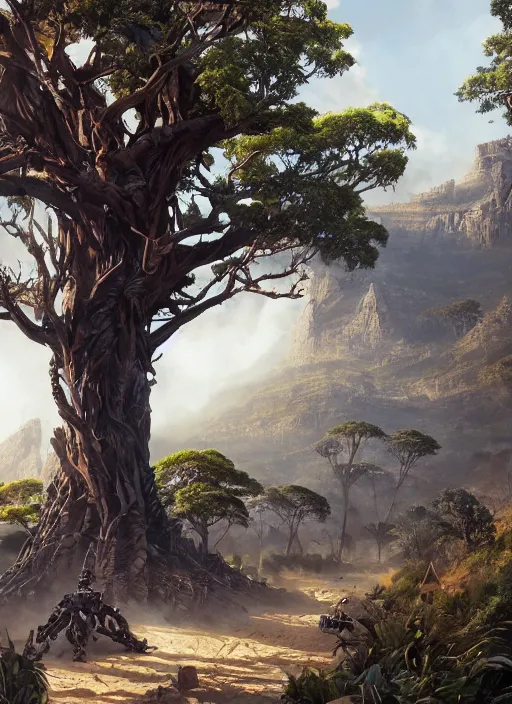 Image similar to hyper realistic robot attacking cape town city beautiful details, gnarly trees, strong composition, poster painted by greg rutkowski, concept art, arcane style, hearthstone wizards of the coast norman rockwell, james gurney and greg rutkowski weta studio, and lucasfilm and best of artstation