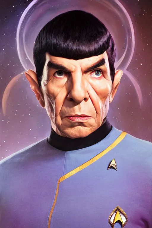 Image similar to photorealistic portrait photograph of spock as a glorious regal space king, sleek outfit, upper body, fantasy, handsome, depth of field, soft focus, highly detailed, intricate, realistic, national geographic cover, soft glow, textured, artstation, concept art, sharp focus, illustration, art by artgerm and greg rutkowski and alphonse mucha