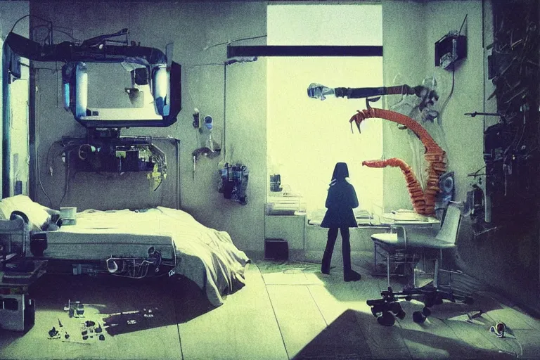 Image similar to IKEA catalogue photo, cyberpunk teenager bedroom, robots, by Beksiński