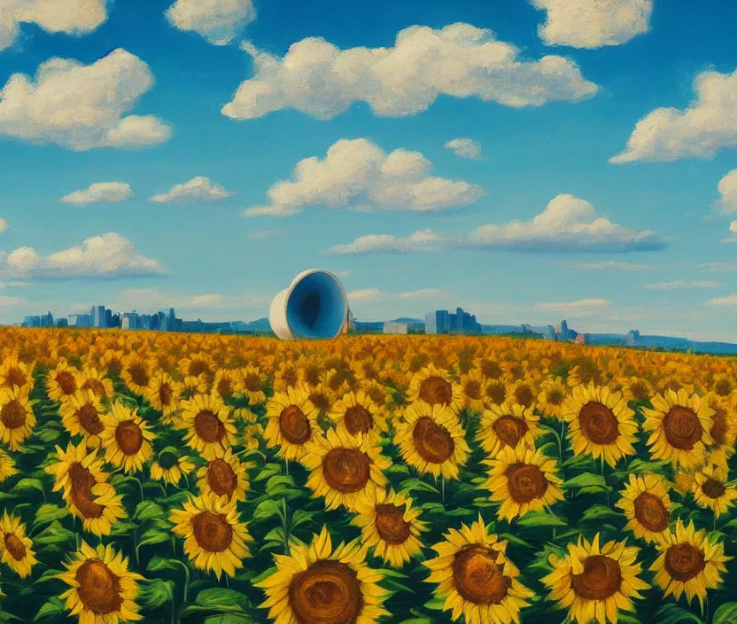 Image similar to a very detailed painting of a sunflower field, baby blue sky with very aesthetic stylized clouds, there is a city with futuristic buildings in the back, there are blue mountains in the back, in the style of edward hopper and hugo pondz, very fine brushstrokes, 4 k,