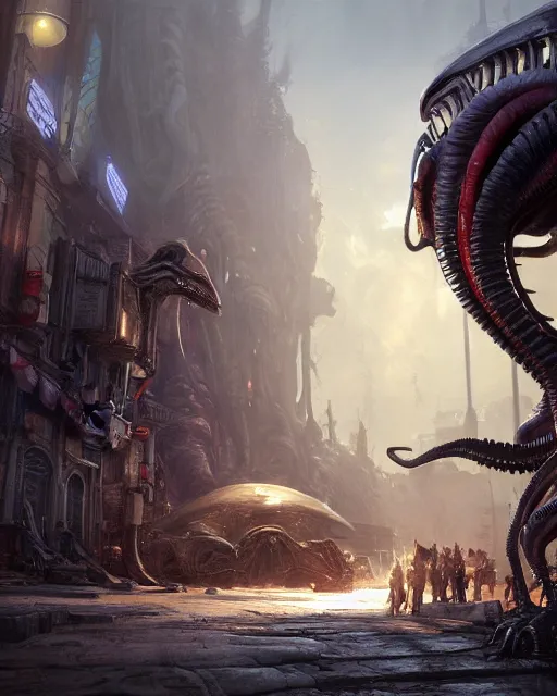 Prompt: xenomorph truck in a robust fantasy village, calming, uplifting mood, ultra realistic, factory, funny, small buildings, highly detailed, epic lighting, illuminated, cinematic, morning, art by eddie mendoza