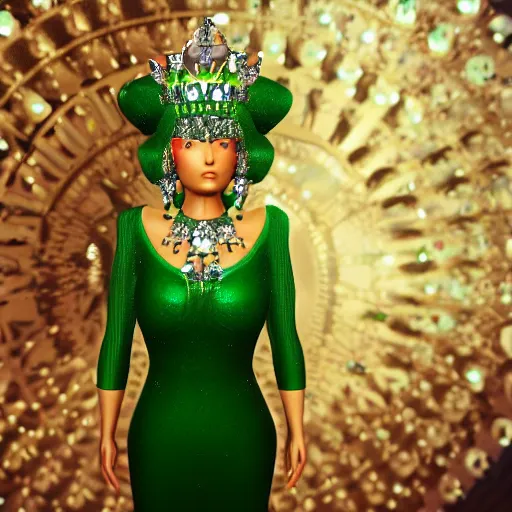 Prompt: a queen in an emerald dress covered in jewels looking off into the distance, octane render, unreal engine, 4k