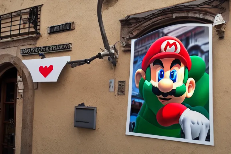 Image similar to An Italian restaurant using mario as it's mascot on the sign