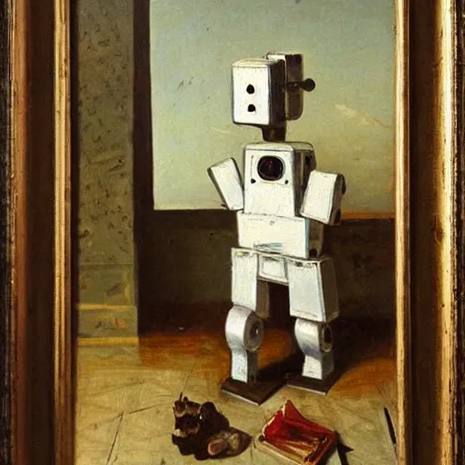 Prompt: android poete maudite, starving robot artist in a parisian garret, nineteenth - century domestic realism, oil on canvas