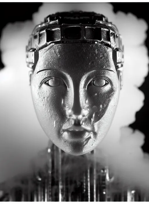 Image similar to a young female cyborg bust made of ice and smoke and wind, dramatic, ilford hp 5, closeup - view, f / 2. 8, high contrast, 1 6 k, fluorescent lamp, contre - jour, insanely detailed and intricate, hypermaximalist, elegant, ornate, hyper realistic, super detailed