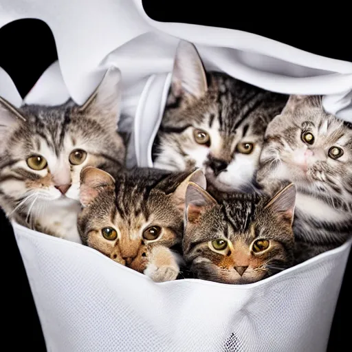 Image similar to a highly detailed photo of multiple furry cats inside a big bag, white background, studio lighting, 4 k, 8 k