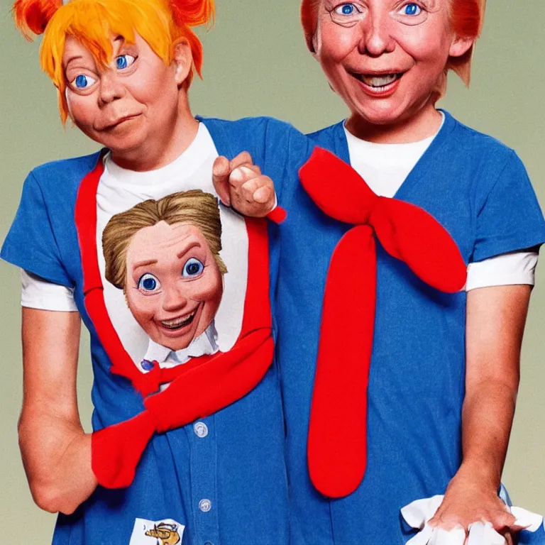 Prompt: portrait of donald trump as pippi longstocking wearing a hilary clinton shirt, from the movie pippi longstocking