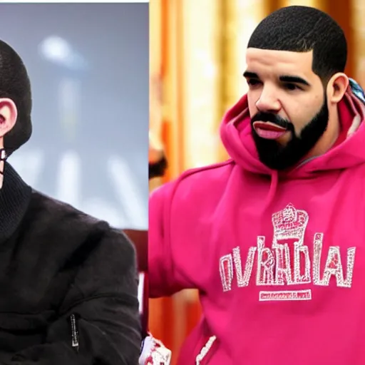 Image similar to drake drinks vodka with vladimir putin