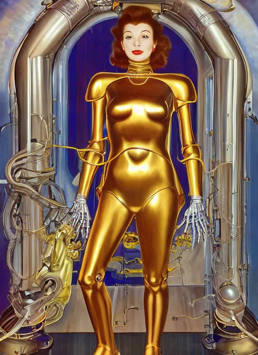 Prompt: Robotic beautiful oracle woman in silk golden robes posing in front of a science facility painted by Hajime Sorayama and Alberto Vargas, robotic bones , moebius, giger, mucha , tarot, dramatic lighting