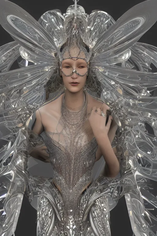 Image similar to a highly detailed metahuman 4 k render close up of an angelic alien goddess bella hadid in iris van herpen dress schiaparelli in diamonds swarovski and jewelry in style of alphonse mucha trending on artstation made in unreal engine 4