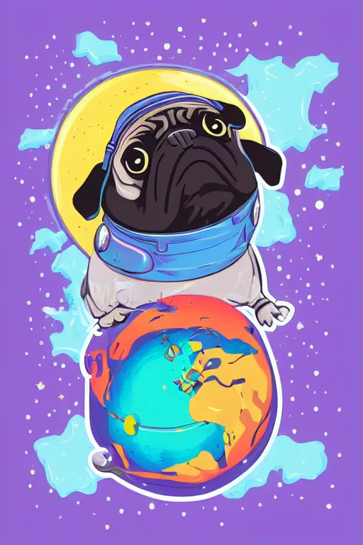 Image similar to planet pug floating in space, art by iktor miller gausa, sticker, colorful, illustration, highly detailed, simple, smooth and clean vector curves, no jagged lines, vector art, smooth