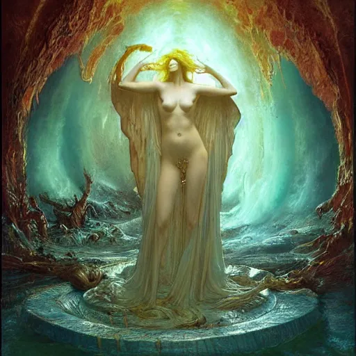 Prompt: eternal goddess empress bathing in deepest fiery underworld depths of hell by greg rutkowski, gustave dore, alphone mucha, visionary deep aesthetics art