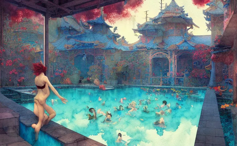 Image similar to swimming pool, fantasy. intricate, amazing composition, colorful watercolor, by ruan jia, by maxfield parrish, by marc simonetti, by hikari shimoda, by robert hubert, by zhang kechun, illustration, gloomy