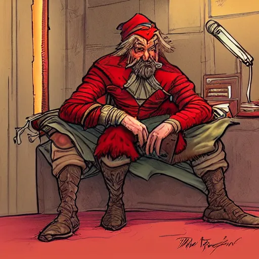 Image similar to rackham the red sitting in podcast! studio, in the style of moebius