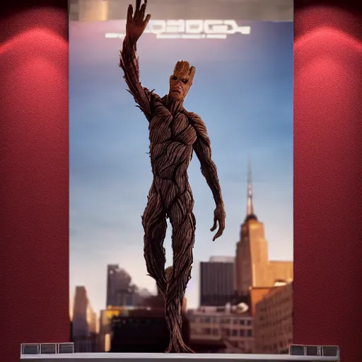 Image similar to the groot as james bond, cinema poster, detailed, photo near a cinema, new york city, hyper realistic, 4 k octan render, unreal 5