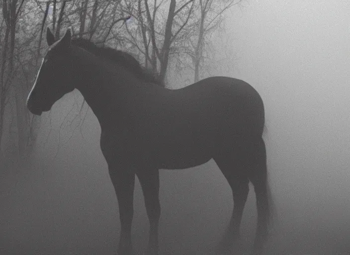 Image similar to an underexposed kodak 500 photograph of a horse with an insect head in the mist, muted color