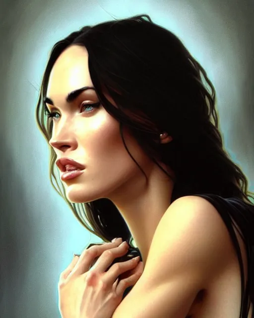 Image similar to portrait of megan fox with sultry face expression, intricate, headshot, highly detailed, digital painting, artstation, concept art, sharp focus, cinematic lighting, illustration, art by artgerm and greg rutkowski, alphonse mucha, cgsociety