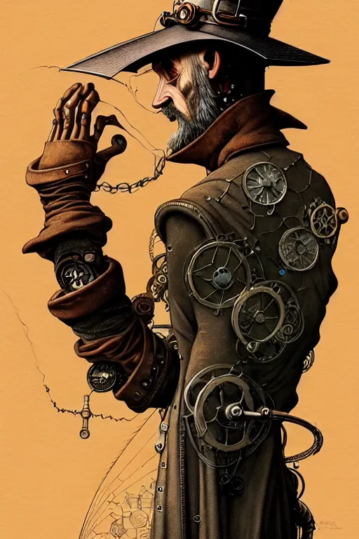 Image similar to gediminas pranckevicius side view of a majestic steampunk alchemist clooked male wizard holding his arm out, high details, bold line art, by vincent di fate and joe fenton, inking, etching, screen print, masterpiece, trending on artstation, sharp, high contrast, hyper - detailed,, hd, 4 k, 8 k