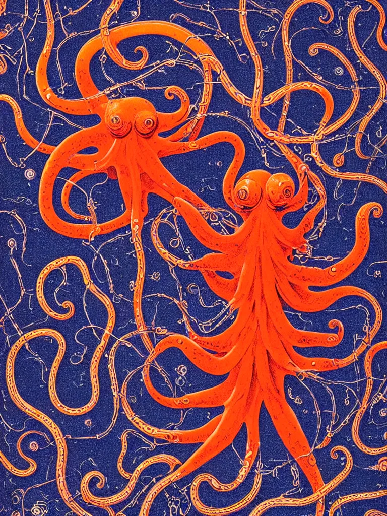 Prompt: a high detail book illustration of an neon orange octopus floating in the dark navy blue sky, symmetrical characteristics, fibonacci, biomechanical art by ernst haeckel