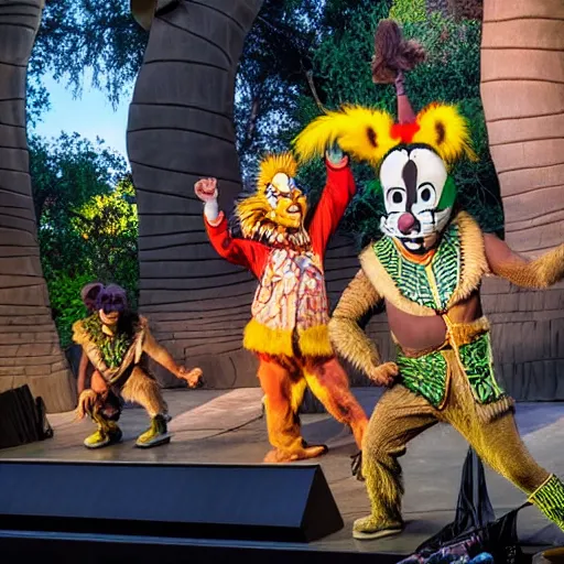 Image similar to mad mascot costumes in the lion king stage show at disneyland, covered outdoor stage, theatrical lighting, iphone video