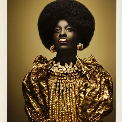 Image similar to portrait of an afro woman with gold clothings and jewelry photographed by irving penn