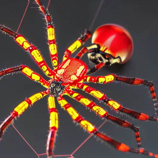 Image similar to a cybernetic spider covered with red and yellow armor. Award-winning photo. OM system 12–40mm