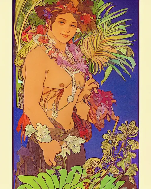 Image similar to a Poster of a bacalaito fritter with tropical iconography of a variety of tropical flora, cell shading, by Alphonse Mucha, Moebius, hiroshi yoshida, Art Nouveau, colorful, ultradetailed, vivid colour, 3d