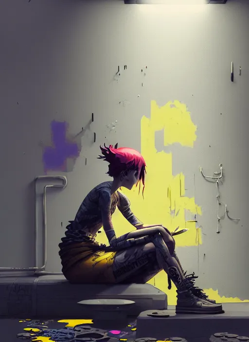 Prompt: highly detailed matte painting, of punk girl sitting on maximalist 3 d calligraphy graffiti tag light eroding grey walls, by atey ghailan, by greg rutkowski, by greg tocchini, by james gilleard, by joe fenton, by kaethe butcher, yellow, brown, black and cyan mystical color scheme, grunge aesthetic, octane render