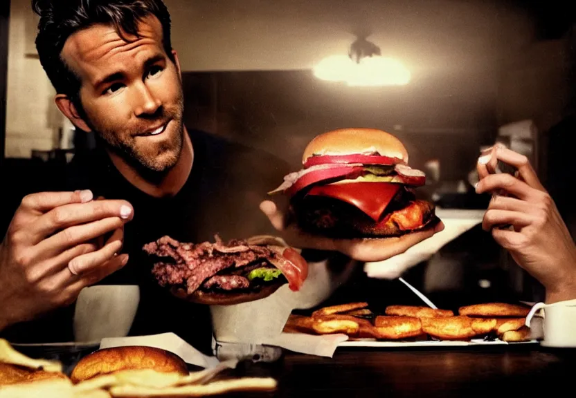 Image similar to a ultra realistic hyper realistic underexposed fujifilm 800 photograph of ryan reynolds being eaten by a burger